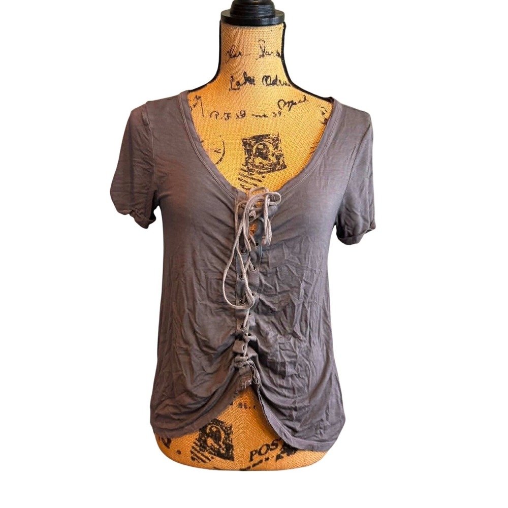 American Eagle Womens Y2k Lace Up Soft & Sexy Short Sleeve Top Gray Medium